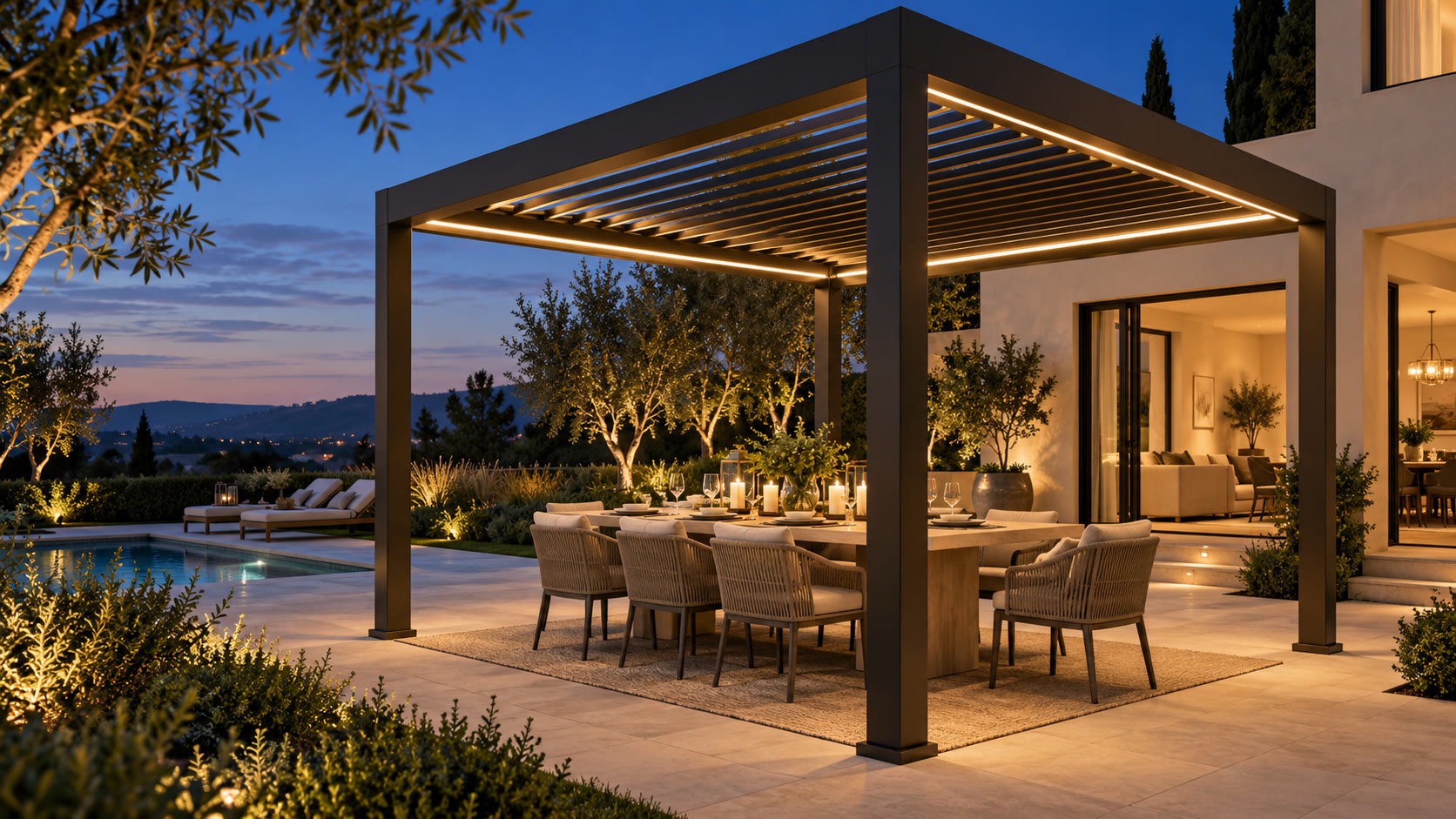 AI-generated dark aluminum pergola concept above an evening dining space