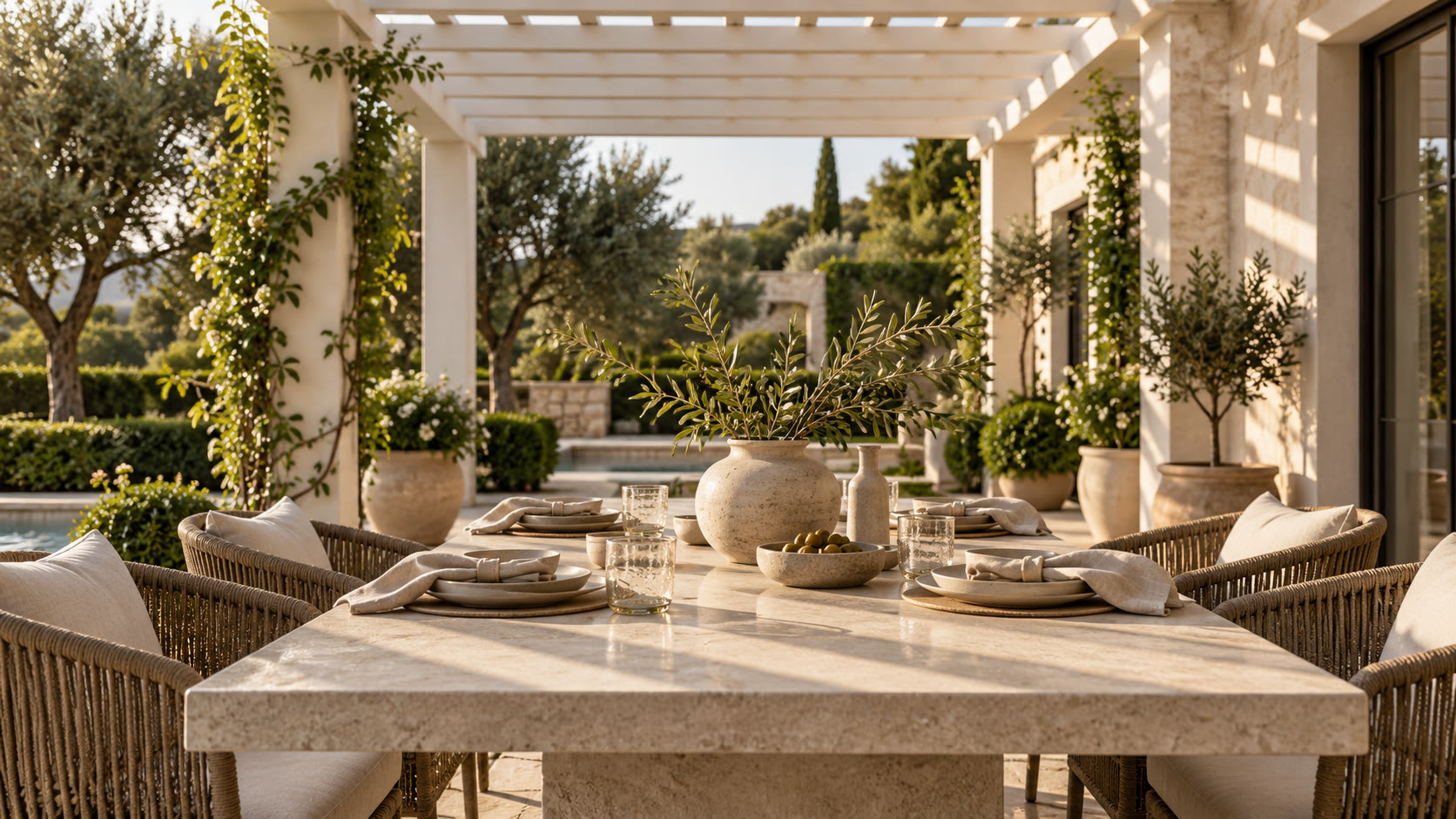 AI-generated outdoor dining concept with linen, ceramics and warm light beneath a pergola